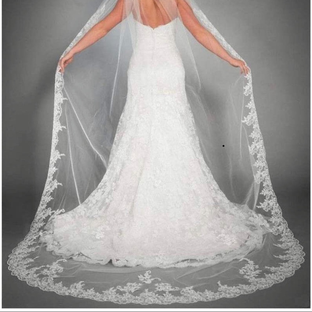 Wedding tulle lace appliqués scalloped hem cathedral veil
